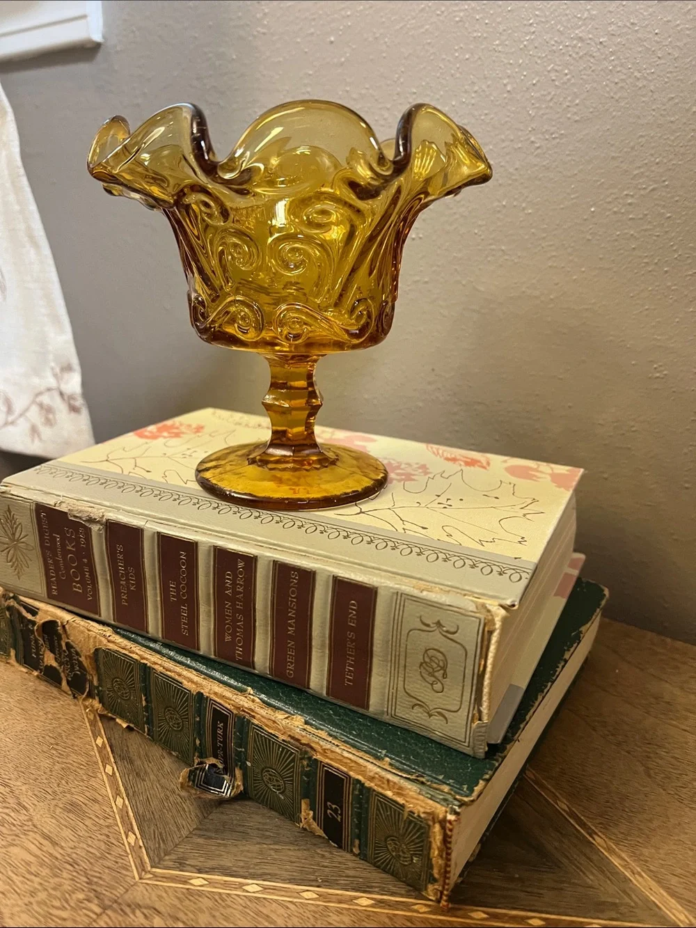 Vintage Amber Glass Compote Pedestal Bowl - Home Accents